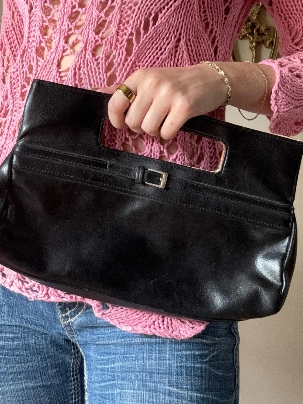 Black Faux Leather Handheld Clutch Bag